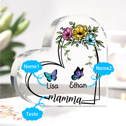 Decorazione Acrilica a Forma di Cuore Personalizzata con Farfalla – 2 Nomi e Testo per Nonna o Mamma | Jessemade