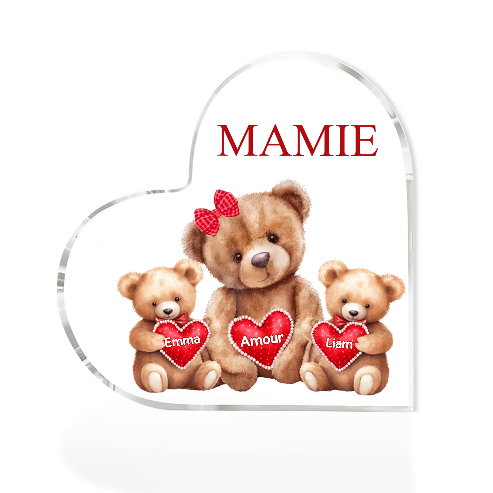 MAMMA Decorazione acrilica con 2 orsacchiotti a forma di cuore 2 nomi e 2 testi personalizzati per mamma/nonna