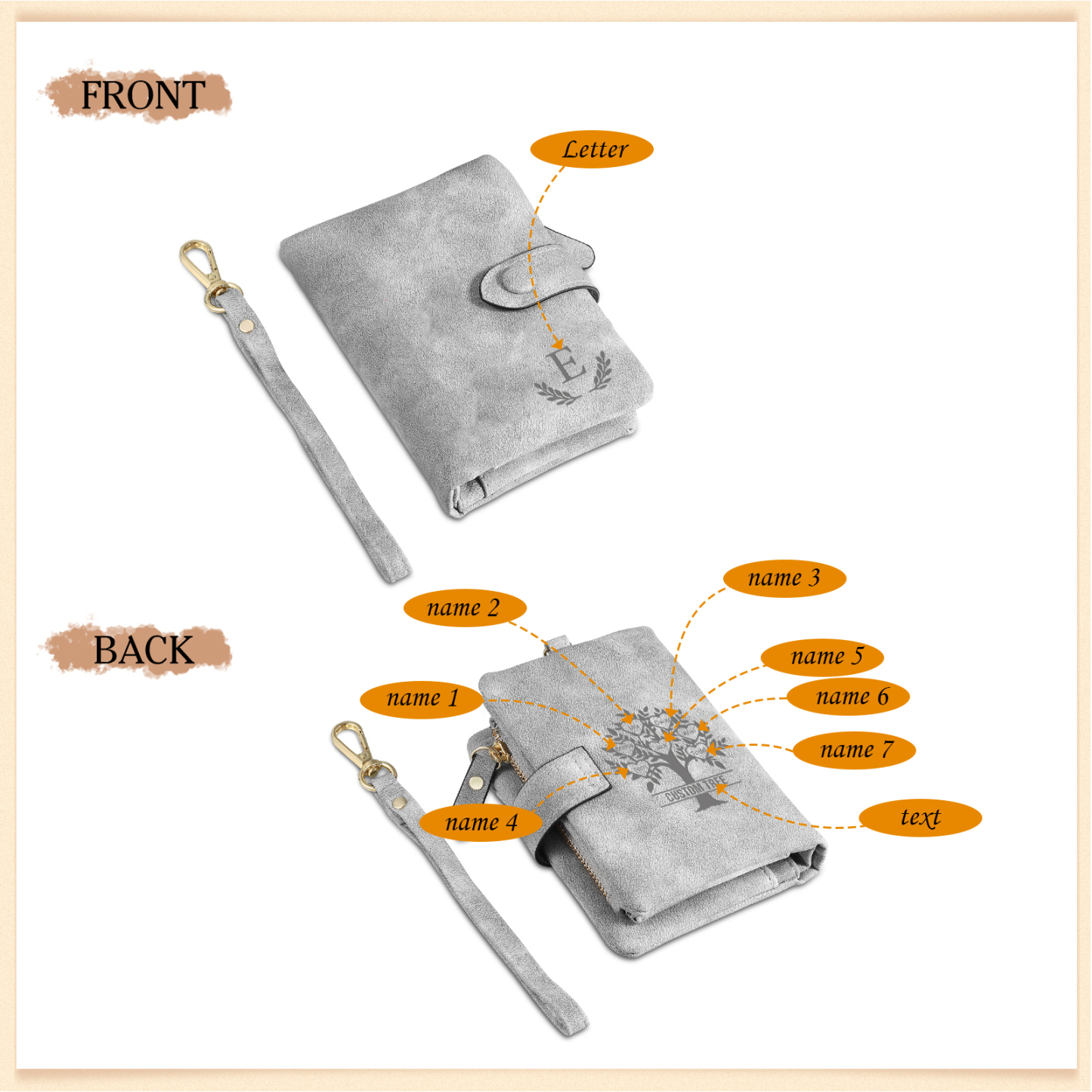 Portafoglio Albero della vita in PU pelle con 7 nomi & 1 testo & 1 lettera personalizzati per donna