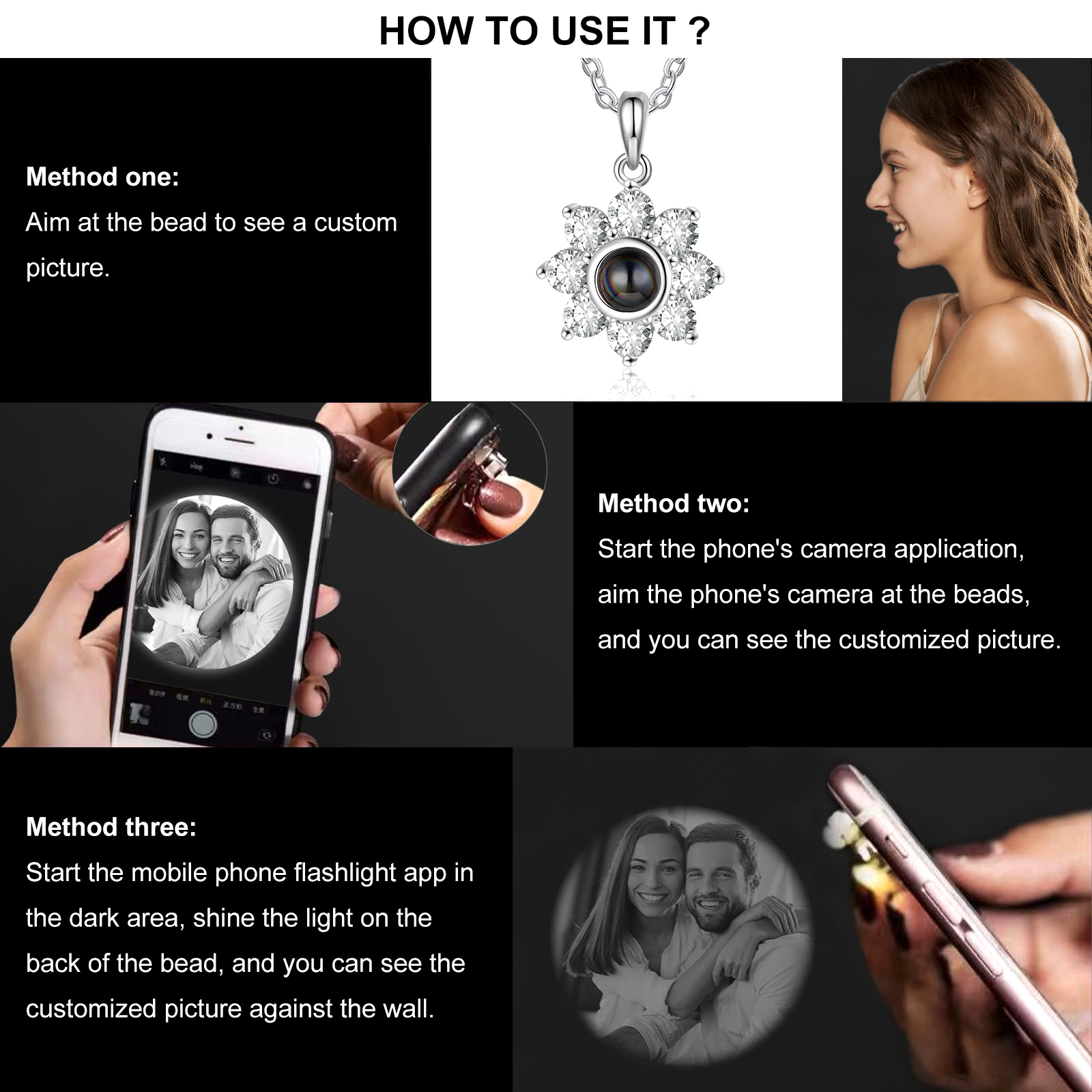 Collana girasole con proiezione di foto personalizzabile per donna