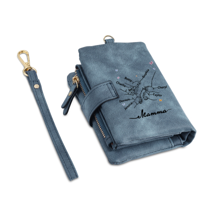 Portafoglio mano nella mano in PU pelle con 6 nomi & 1 testo & 1 lettera personalizzati per mamma