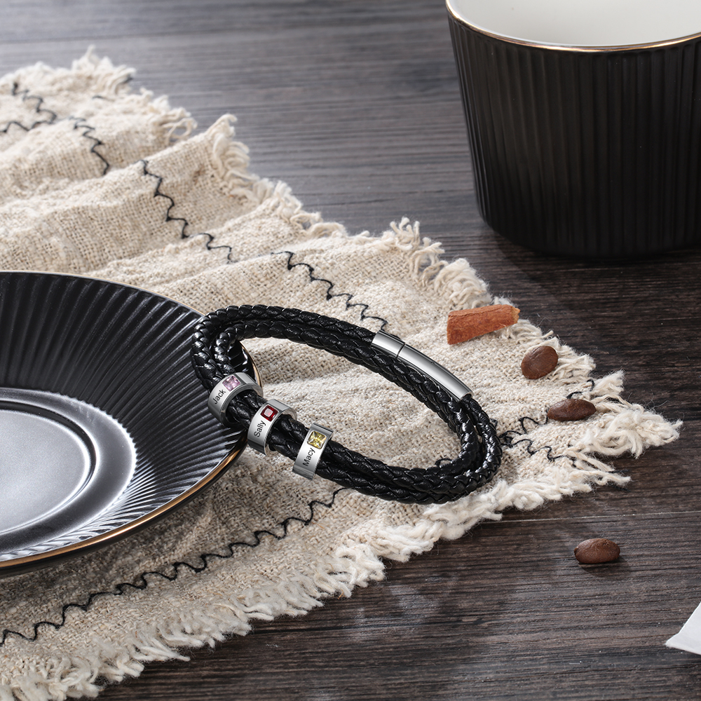 Bracciale Uomo in Pelle Personalizzato – Incisione 4 Nomi e Pietre Nascita – Regalo Speciale per Papà o Lui | Jessemade