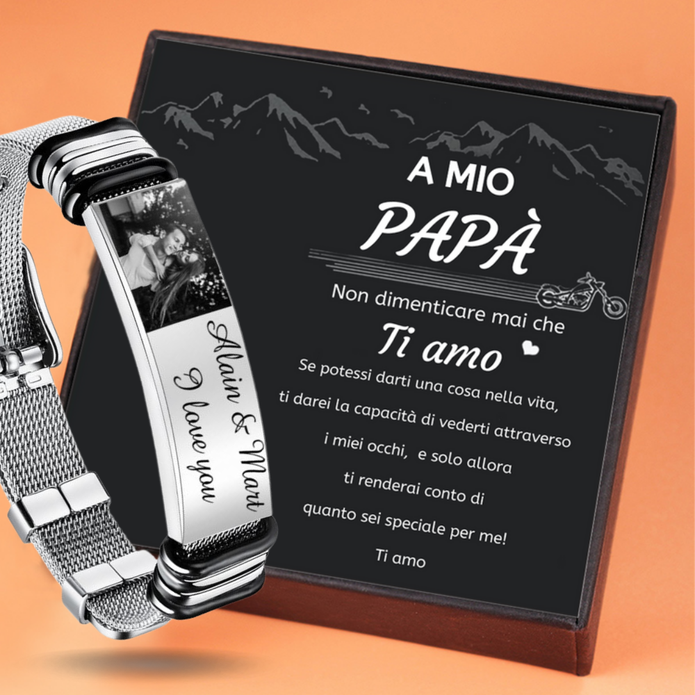 A MIO PAPÀ - Braccialetto maschile personalizzato con 2 testi e foto