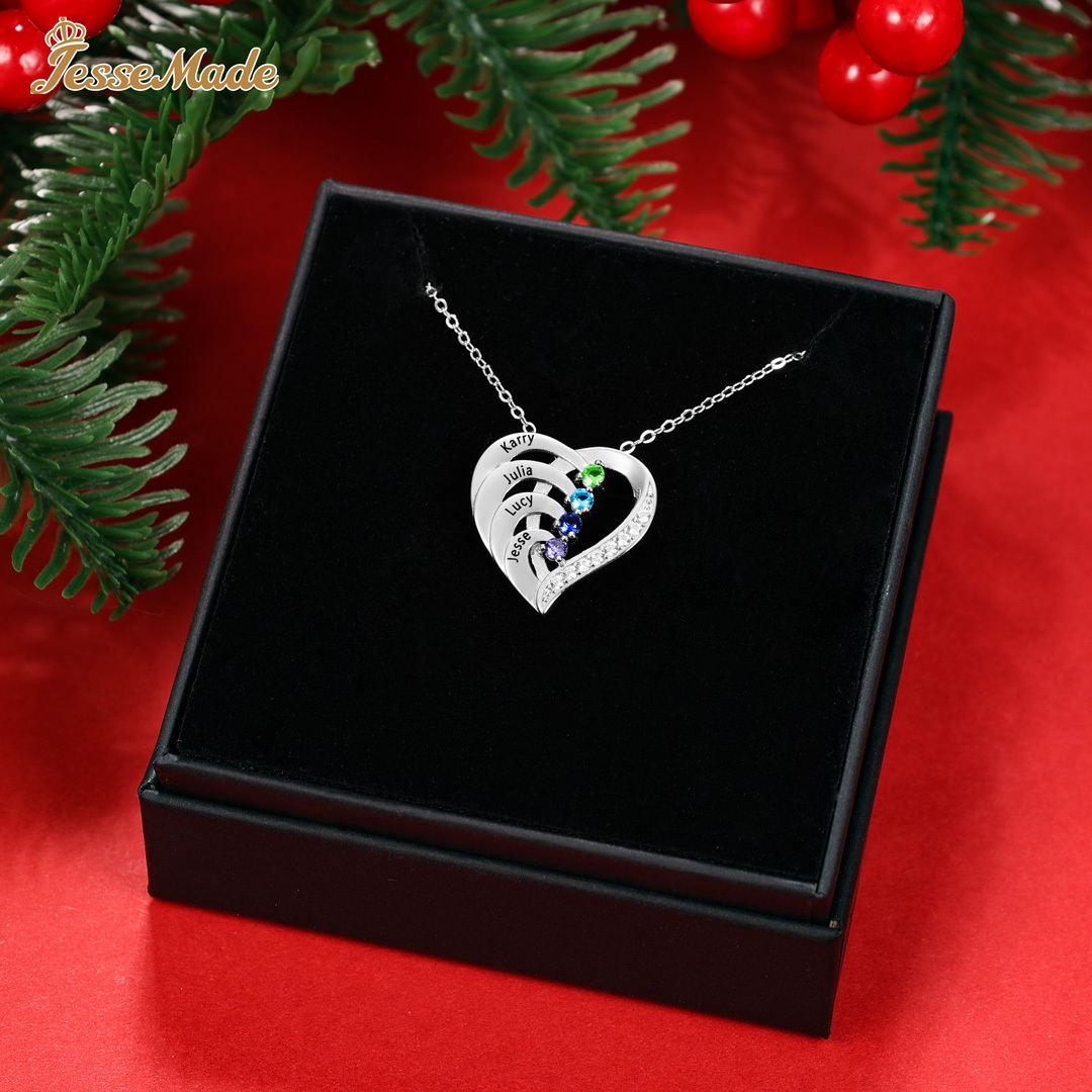 Argento S925 Collana con 6 nomi personalizzati e 6 pietre di nascita in ciondolo a cuore