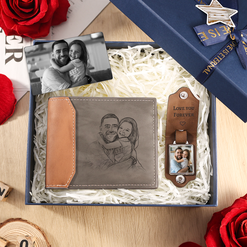 Set Regalo Personalizzato - Portafoglio in Pelle, Portachiavi con Foto e Carta Incisa per Lui | Jessemade