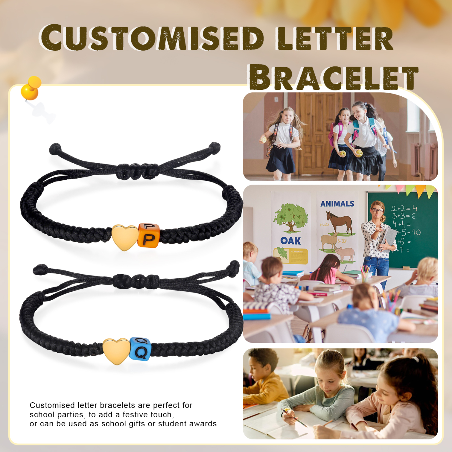 2PCS Braccialetto con perline di 2 lettere personalizzato regalo per scuola