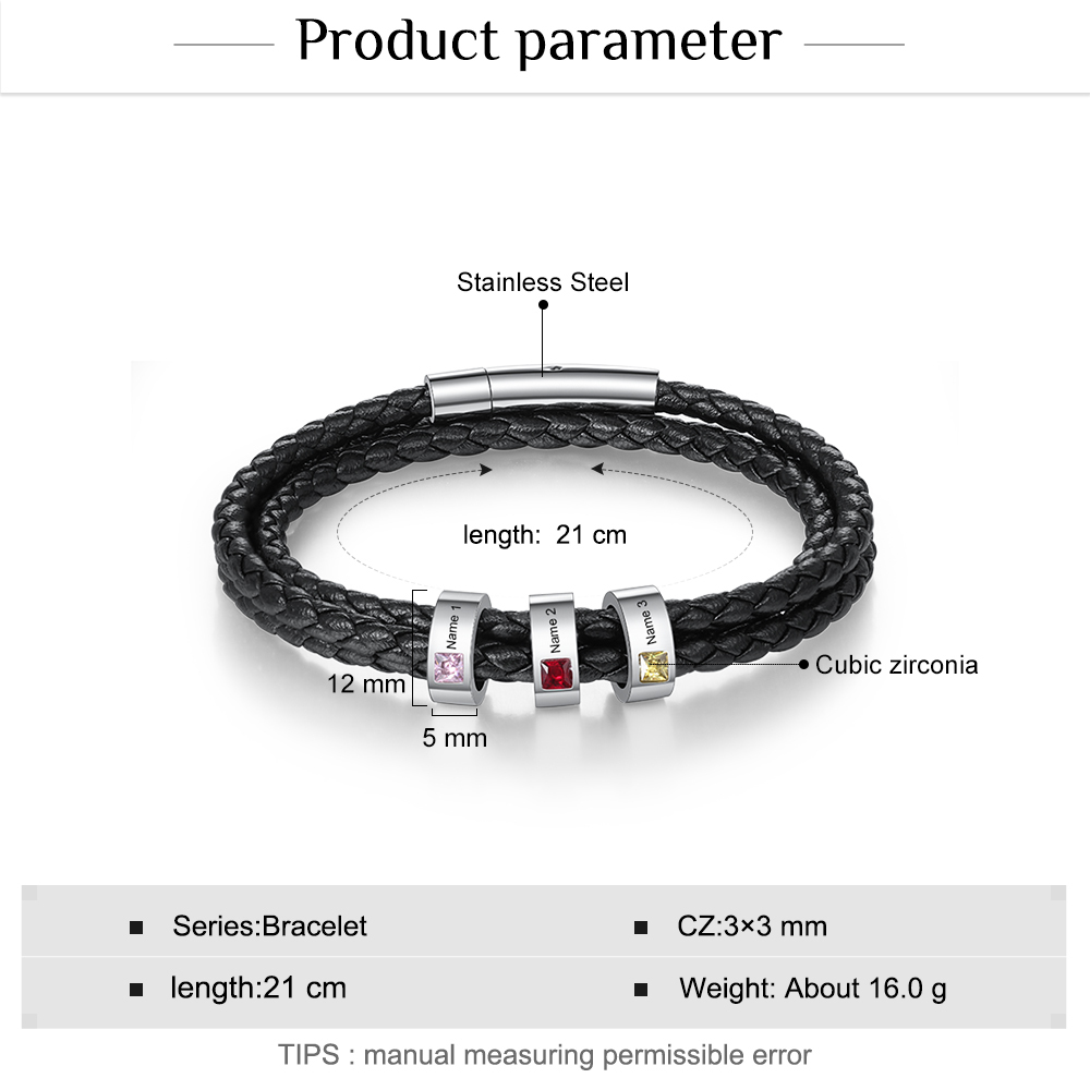 Bracciale Uomo in Pelle Personalizzato – Incisione 2 Nomi e Pietre Nascita – Regalo Speciale per Papà o Lui