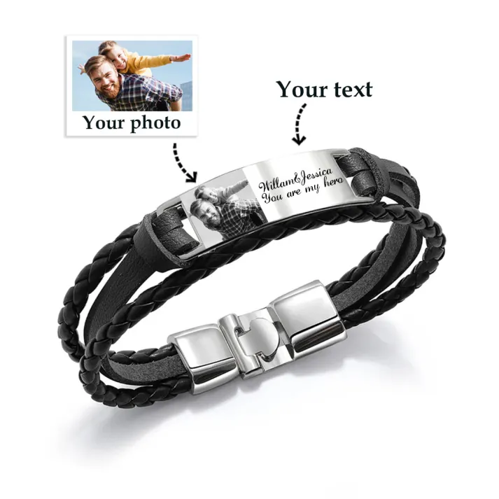 Braccialetto in pelle intrecciata personalizzato con 1 testo e 1 foto Braccialetto maschile