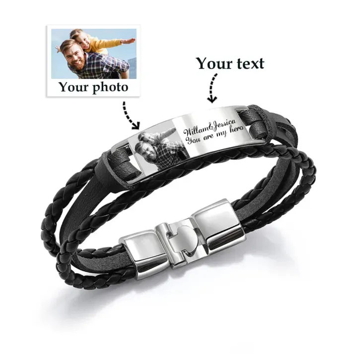 Braccialetto in pelle intrecciata personalizzato con 1 testo e 1 foto Braccialetto maschile