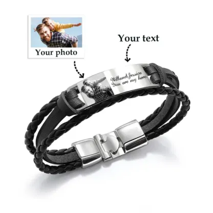 Braccialetto in pelle intrecciata personalizzato con 1 testo e 1 foto Braccialetto maschile