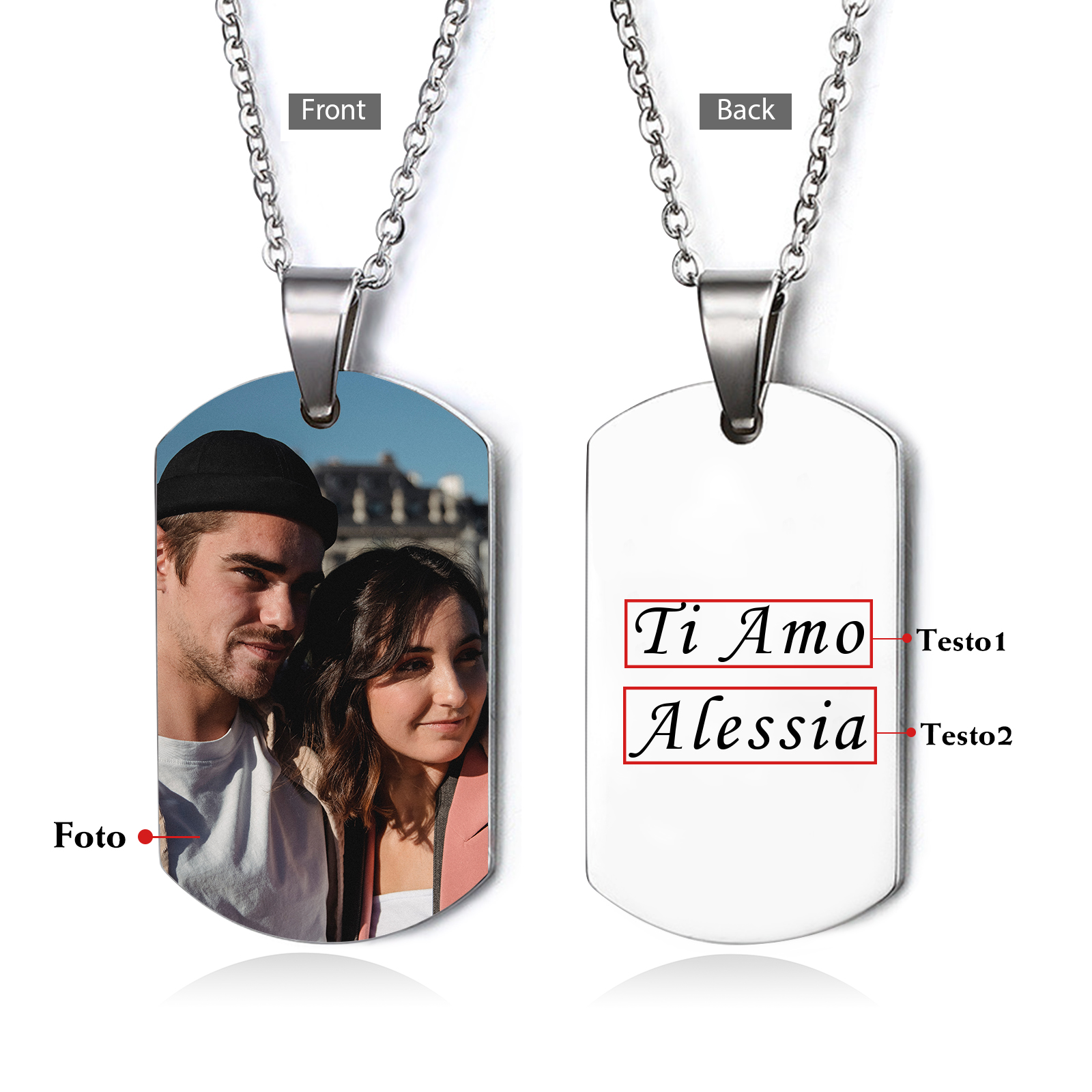 Ti amo-Collana acciaio inox per coppia1 nome 1 testo e 1 foto personalizzabili
