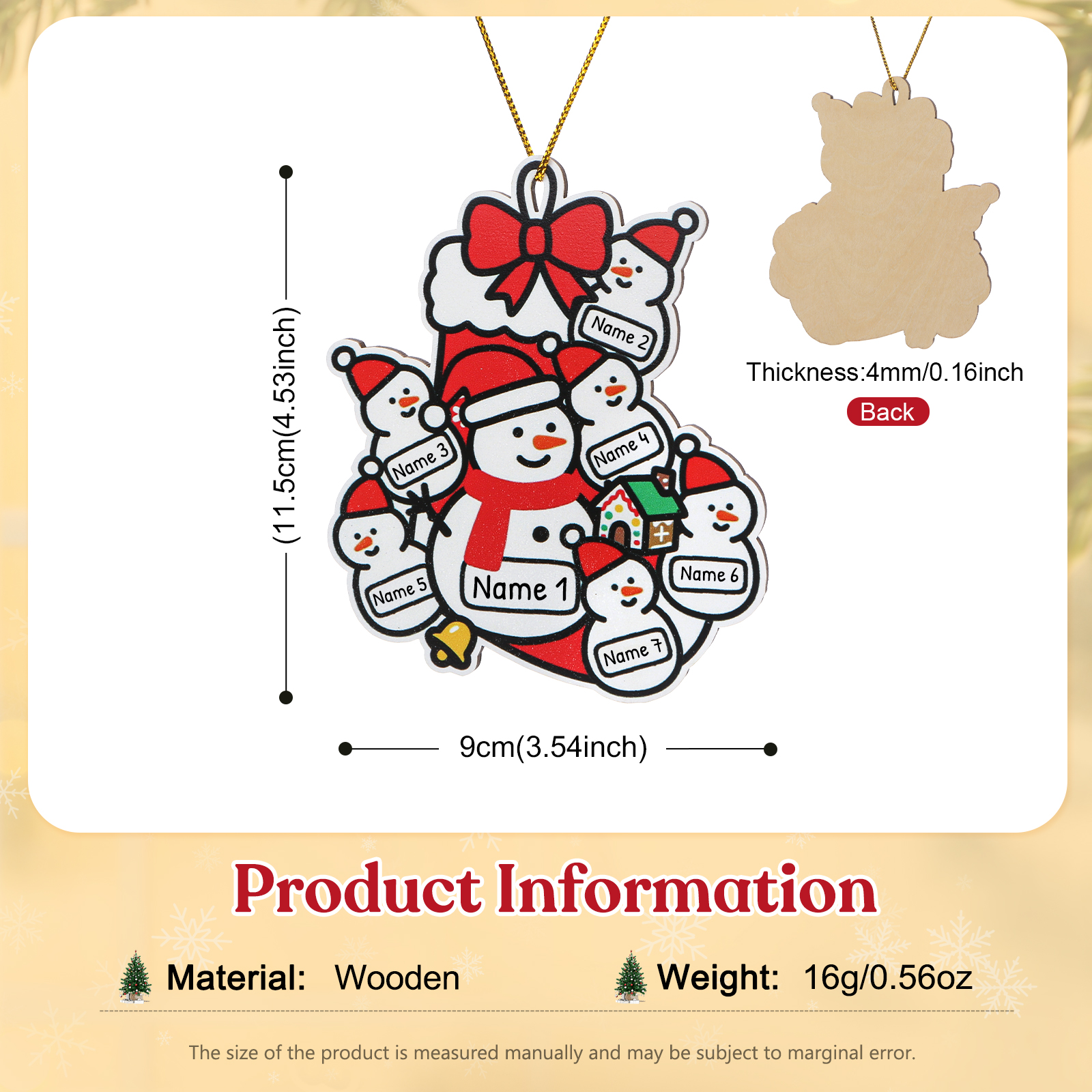 Decorazione per albero di Natale con famiglia di pupazzi di neve personalizzata con nome