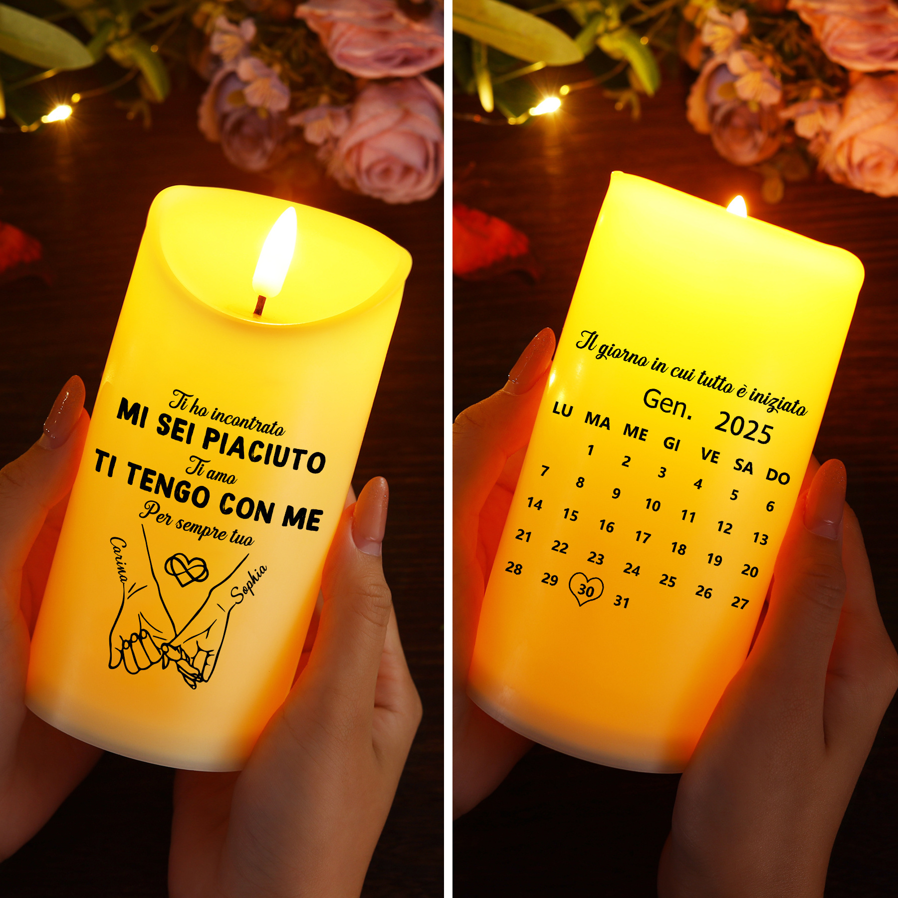 Candela a LED personalizzata per coppia con 2 nomi