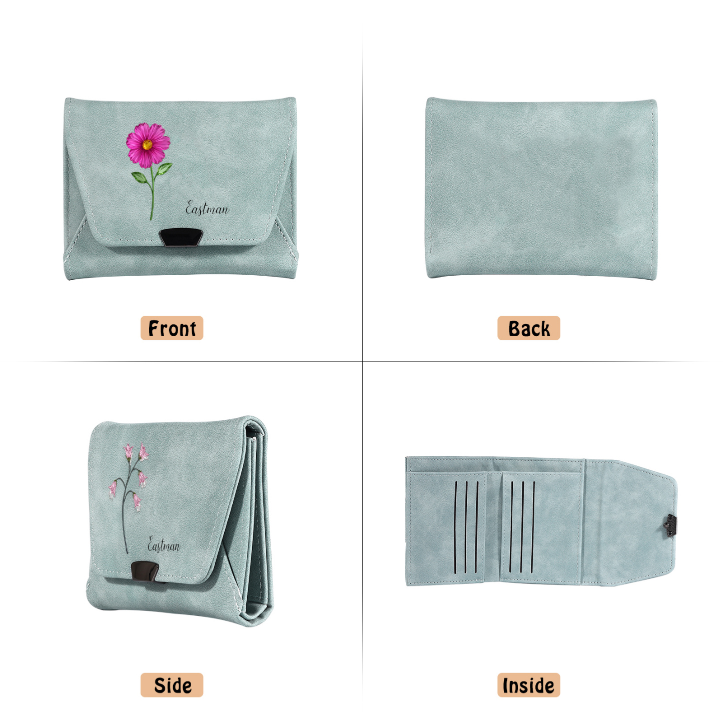 Portafoglio da donna in pelle personalizzato su misura con fiore di nascita e nome