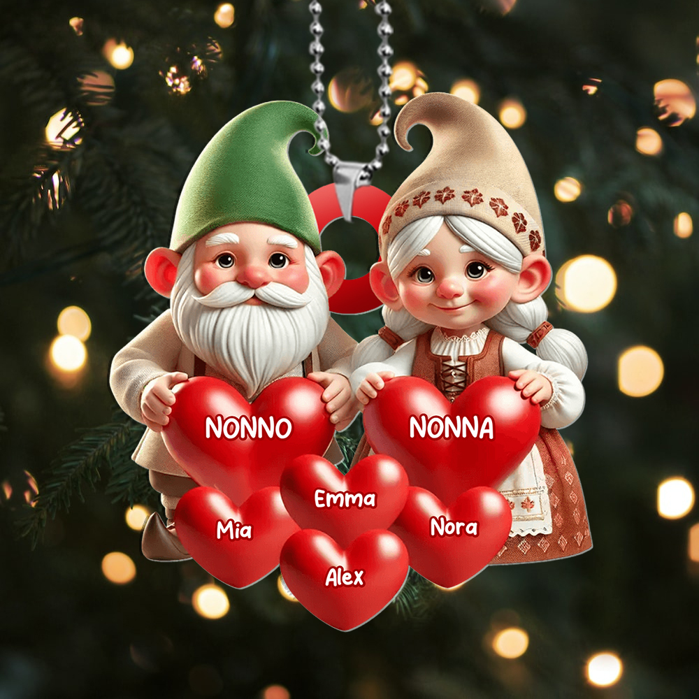 Decorazione per albero di Natale con cuori e nome personalizzati - Famiglia di gnomi