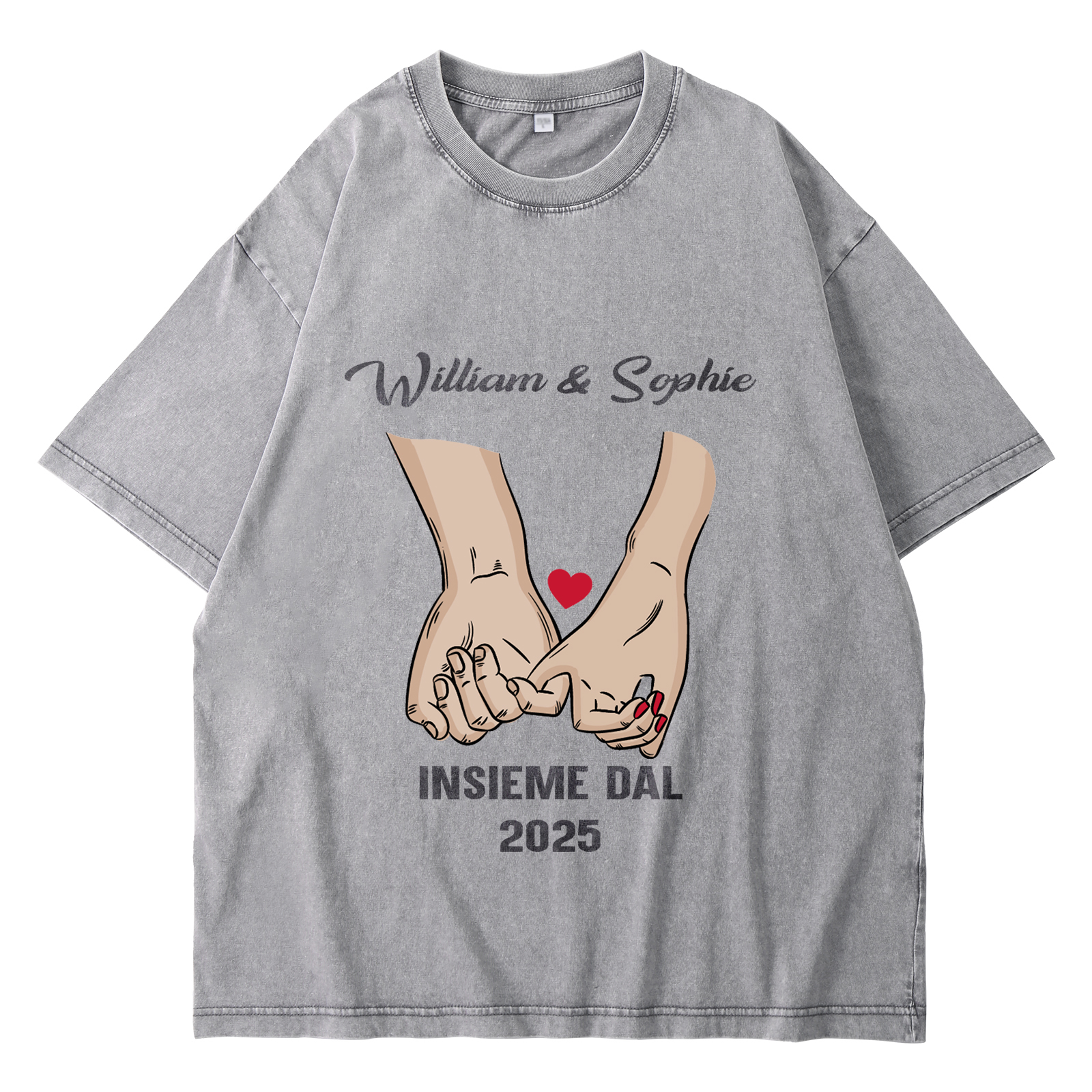 Maglietta Personalizzata per Coppie – con 2 Nomi, 1 Data e Grafica Mano nella Mano – "INSIEME DAL" – Regalo di San Valentino per Lui/Lei | Jessemade