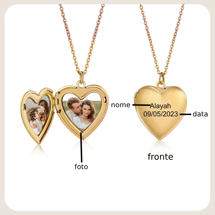 Collana acciaio inox con un ciondolo di cuore 1 foto 1 nome e 1 data personalizzabili per coppia
