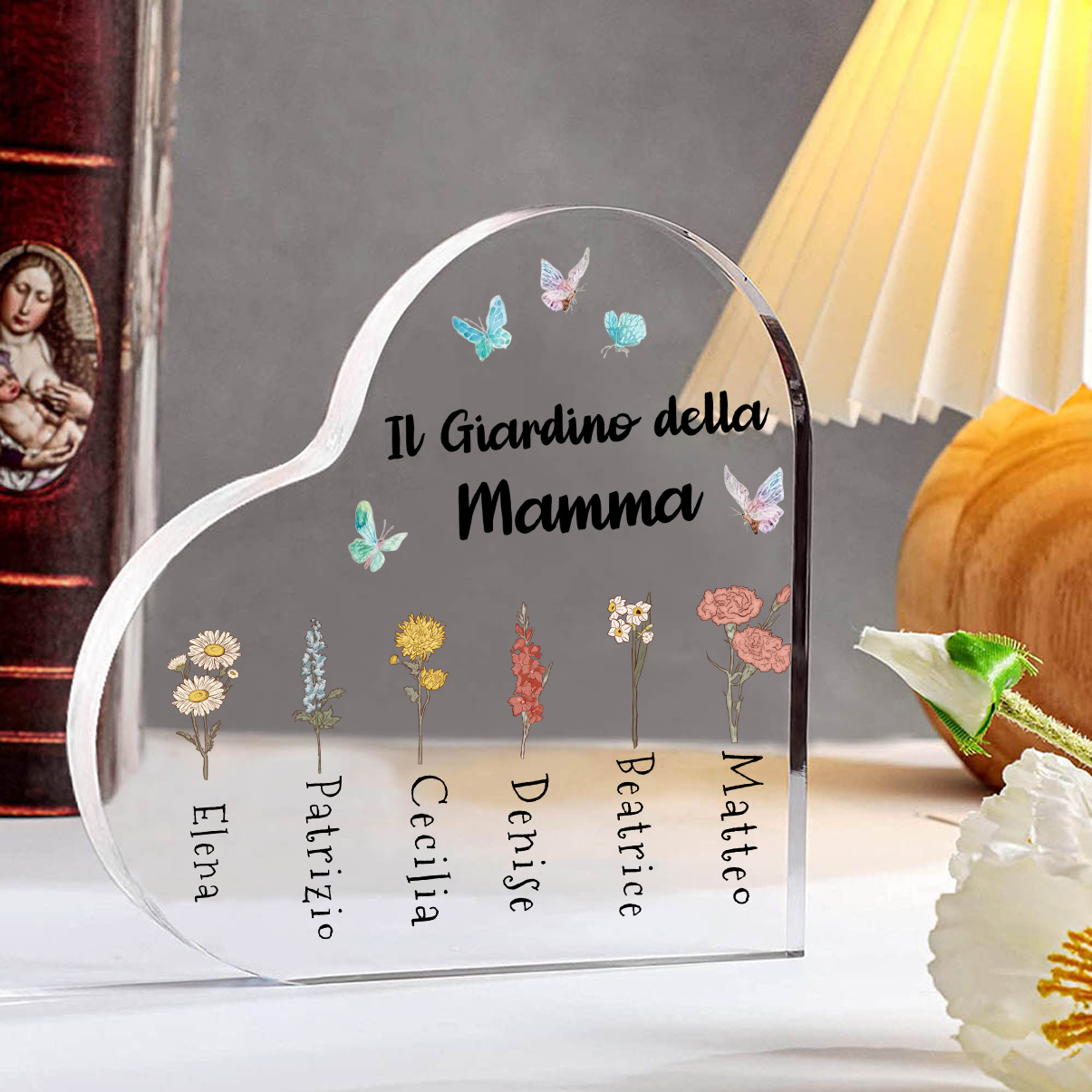 Targa acrilica personalizzata a forma di cuore - giardino della mamma - con 1-6 nomi e fiori di nascita - Regalo per la mamma