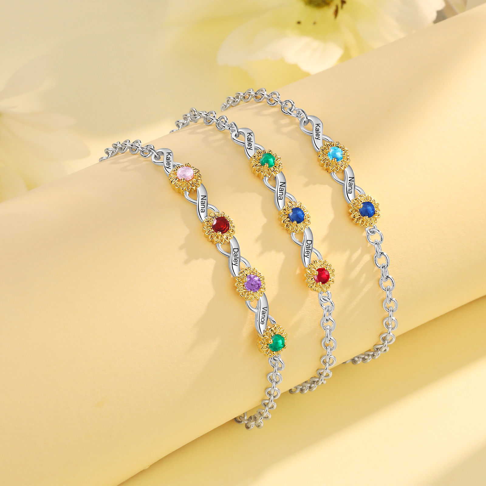 Braccialetto infinito con girasole personalizzato con 3 nomi e 3 pietre di nascita per donna