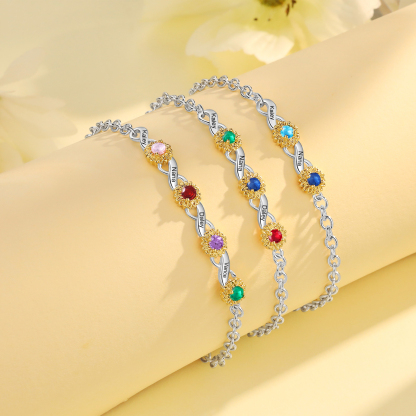 Braccialetto infinito con girasole personalizzato con 3 nomi e 3 pietre di nascita per donna