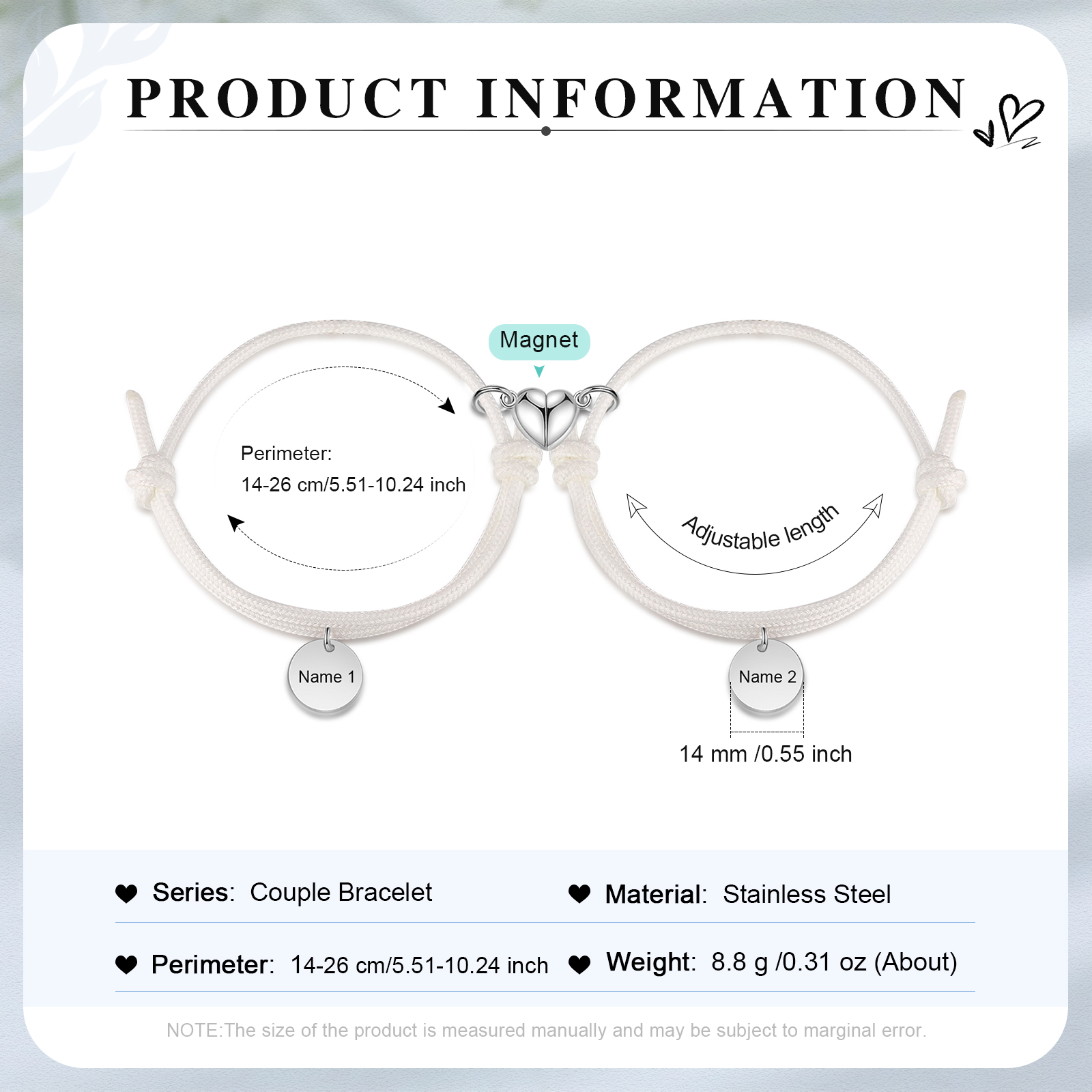 Braccialetti magnetici a corda 2 lettere personalizzate per coppia ciondolo rotondo