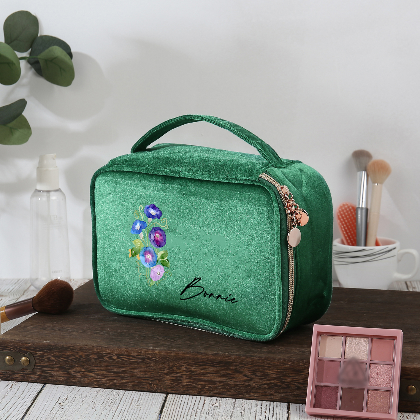 Borsa portabile per cosmetici in flanella per donna 1 nome e 1 fiore di nascita personalizzato multicolori da scegliere