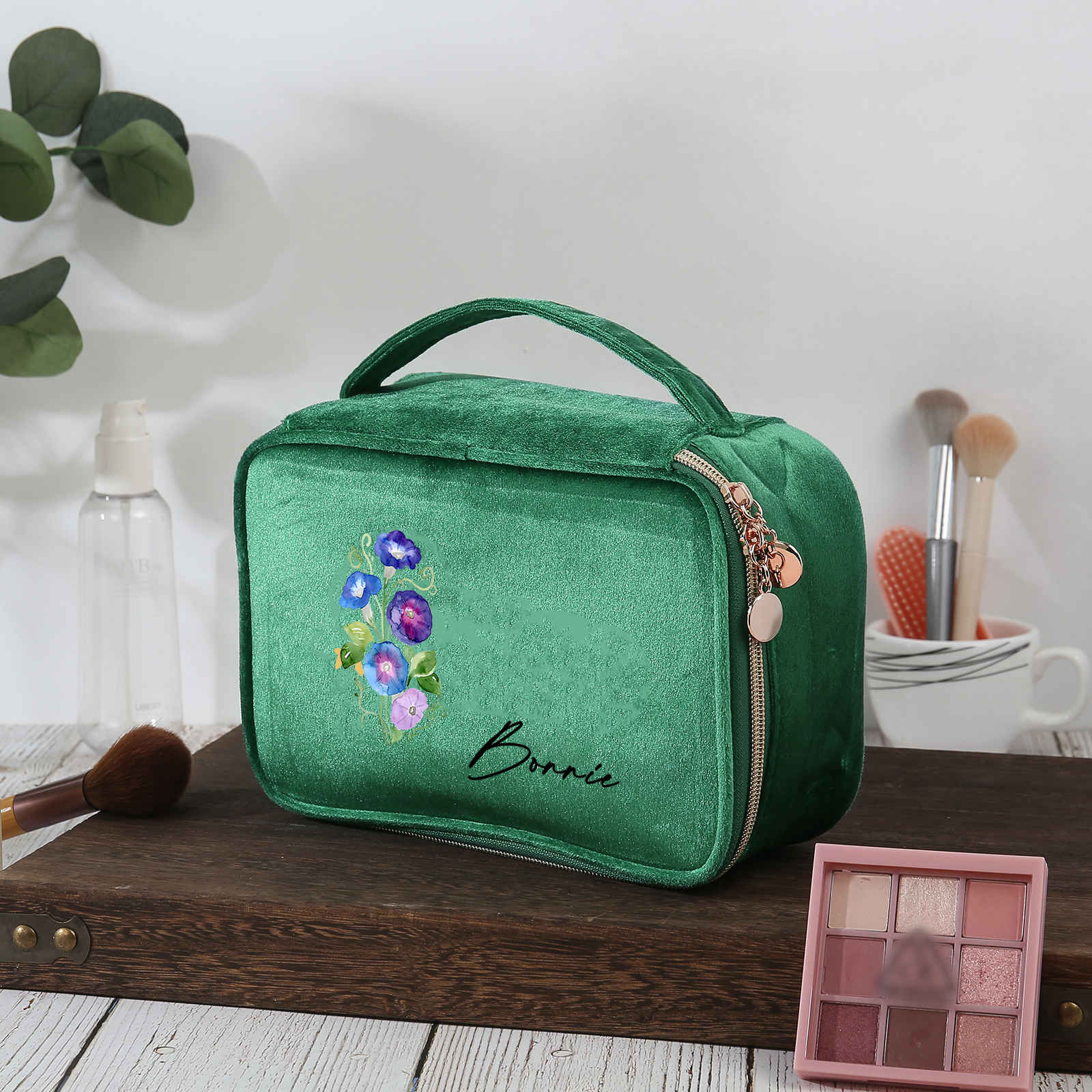 Borsa portabile per cosmetici in flanella per donna 1 nome e 1 fiore di nascita personalizzato multicolori da scegliere