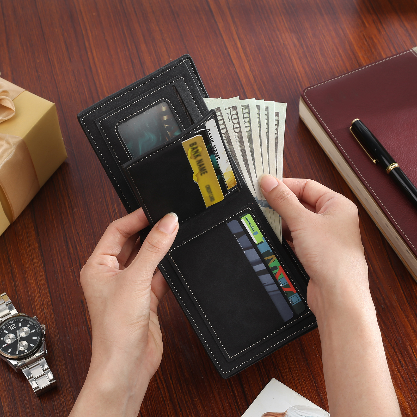 Personalized Name Leather Men's Wallet With Card Slot Engraved Letter And Photo Gift For Him