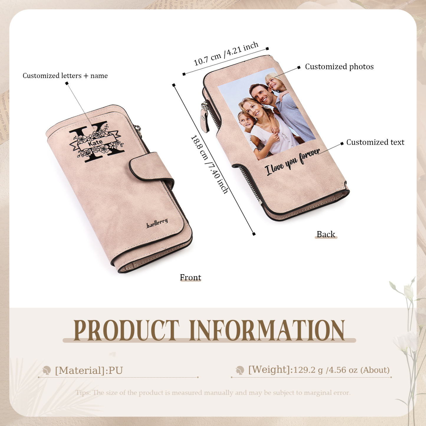 Portafoglio in PU pelle con 1 letetra & 1 testo & 1 nome & 1 foto personalizzati per mamma/nonna