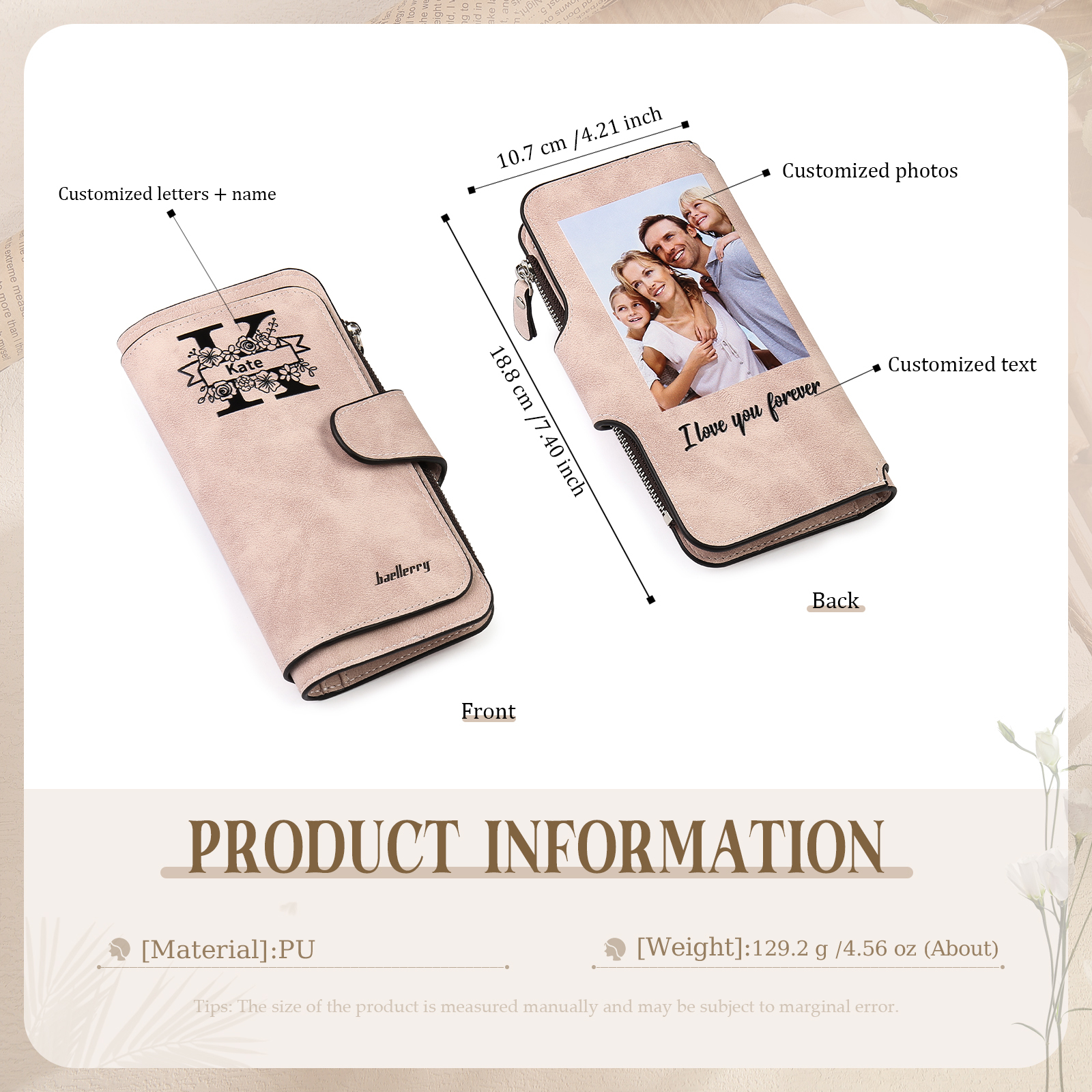 Portafoglio in PU pelle con 1 letetra & 1 testo & 1 nome & 1 foto personalizzati per mamma/nonna