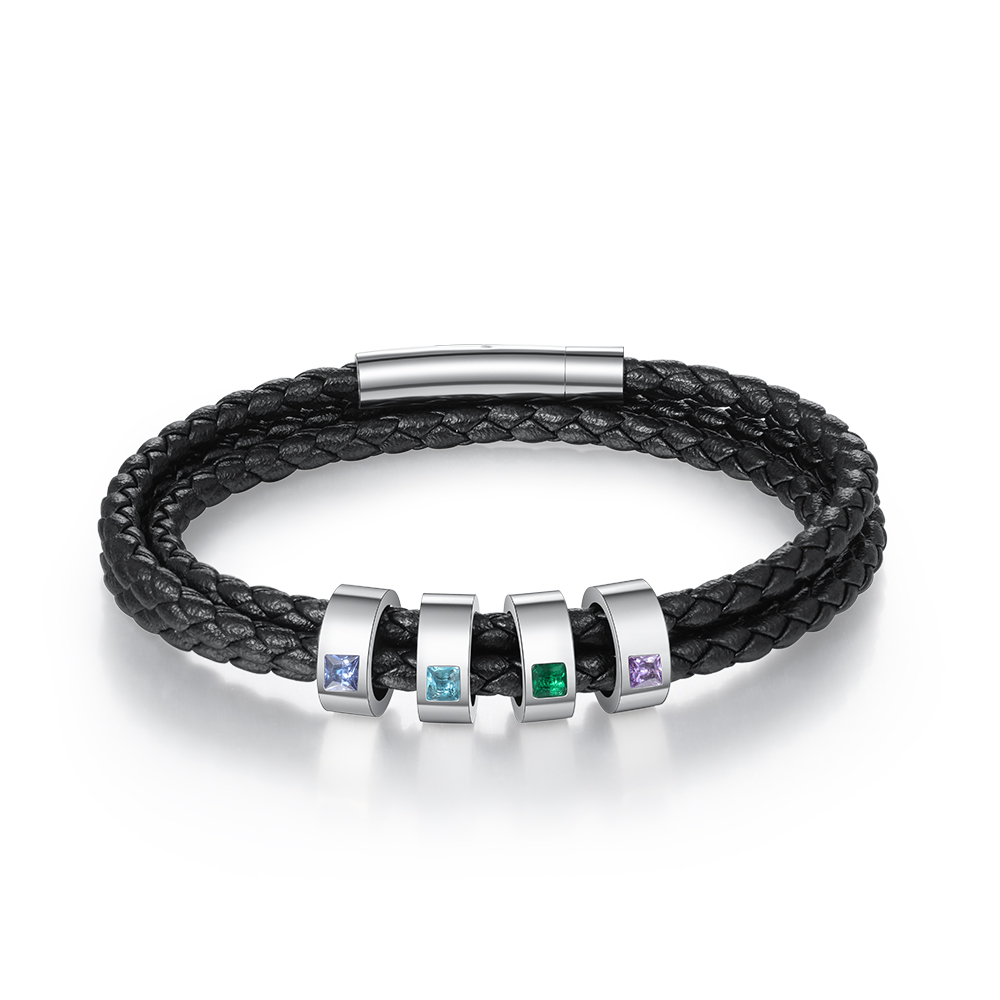 Bracciale Uomo in Pelle Personalizzato – Incisione 4 Nomi e Pietre Nascita – Regalo Speciale per Papà o Lui | Jessemade