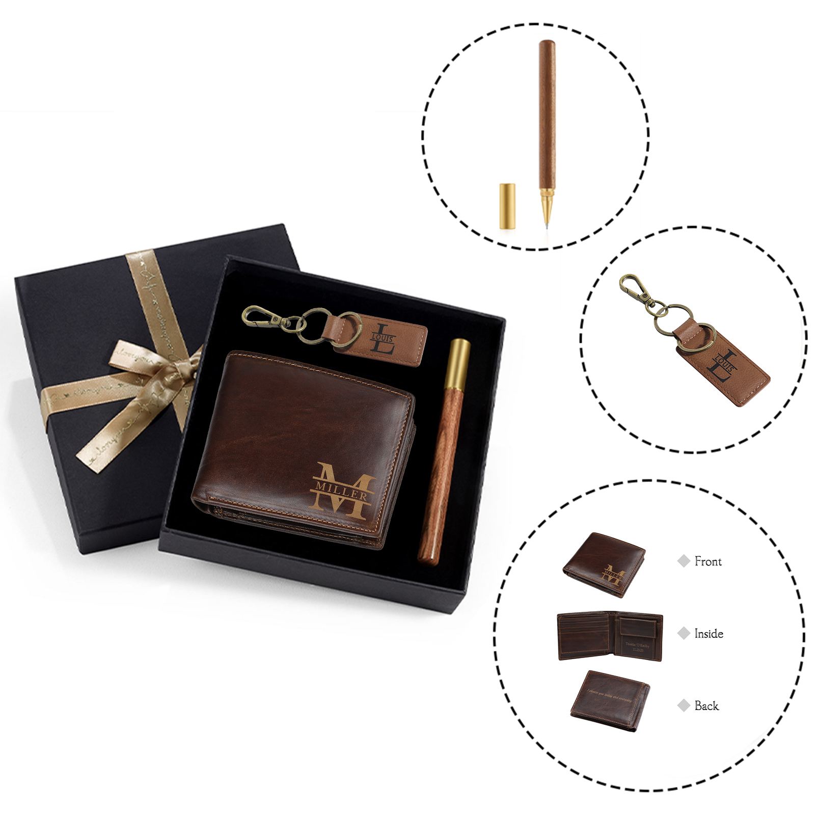 Personalized Leather Wallet Gift Box Set with Keychain Customizable 2 Text, 2 Letter and 2 Name Wallet Gift for Him