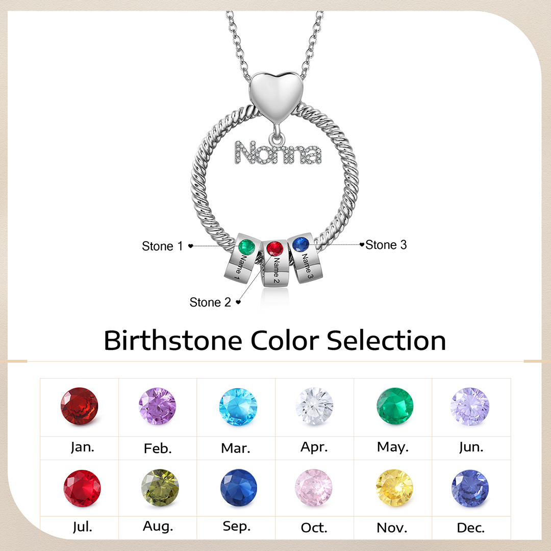 Collana con ciondolo nonna 3 nomi incisioni e pietre di nascita personalizzate
