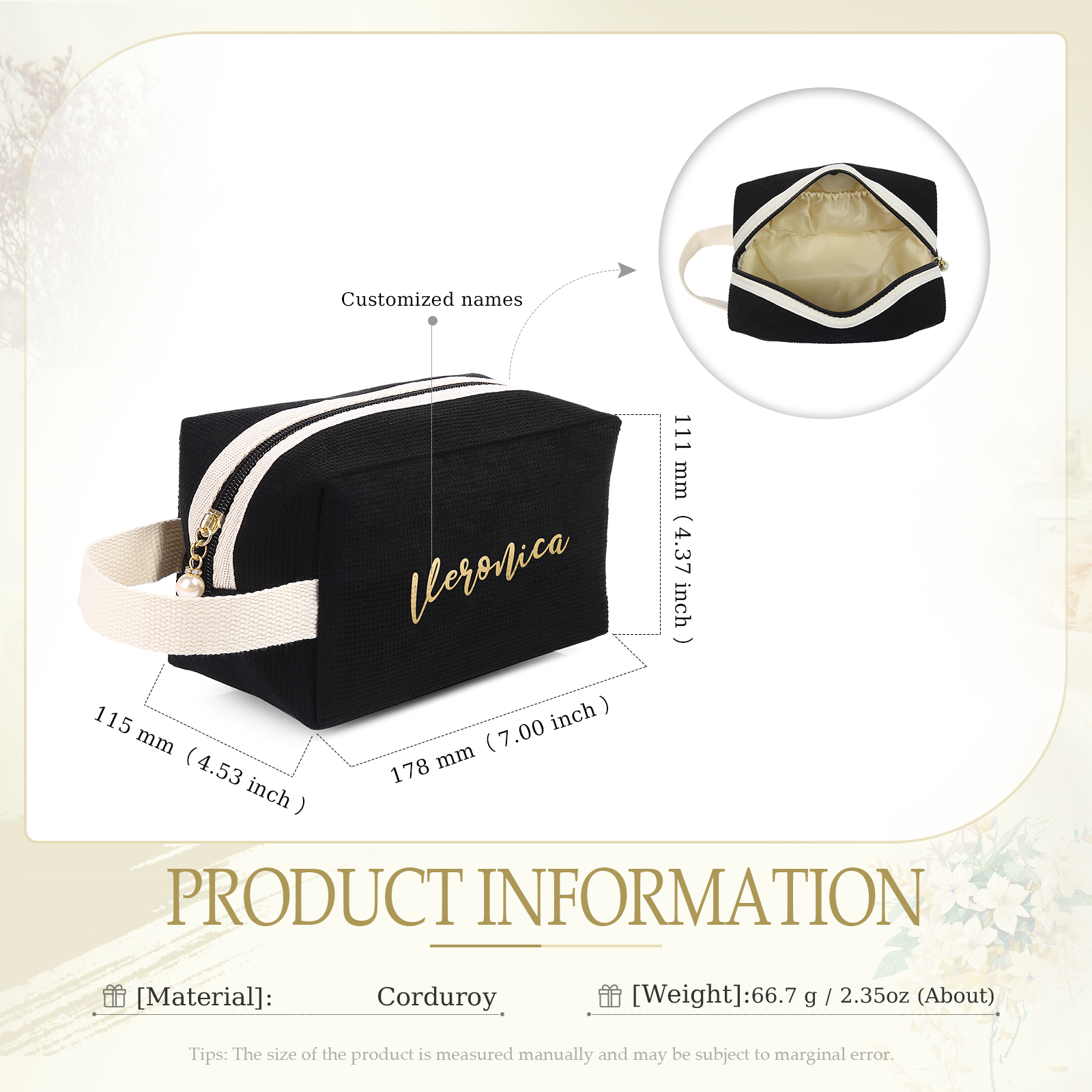 Borsa portabile per cosmetici in velluto a coste per donna 1 nome personalizzato regalo per donna