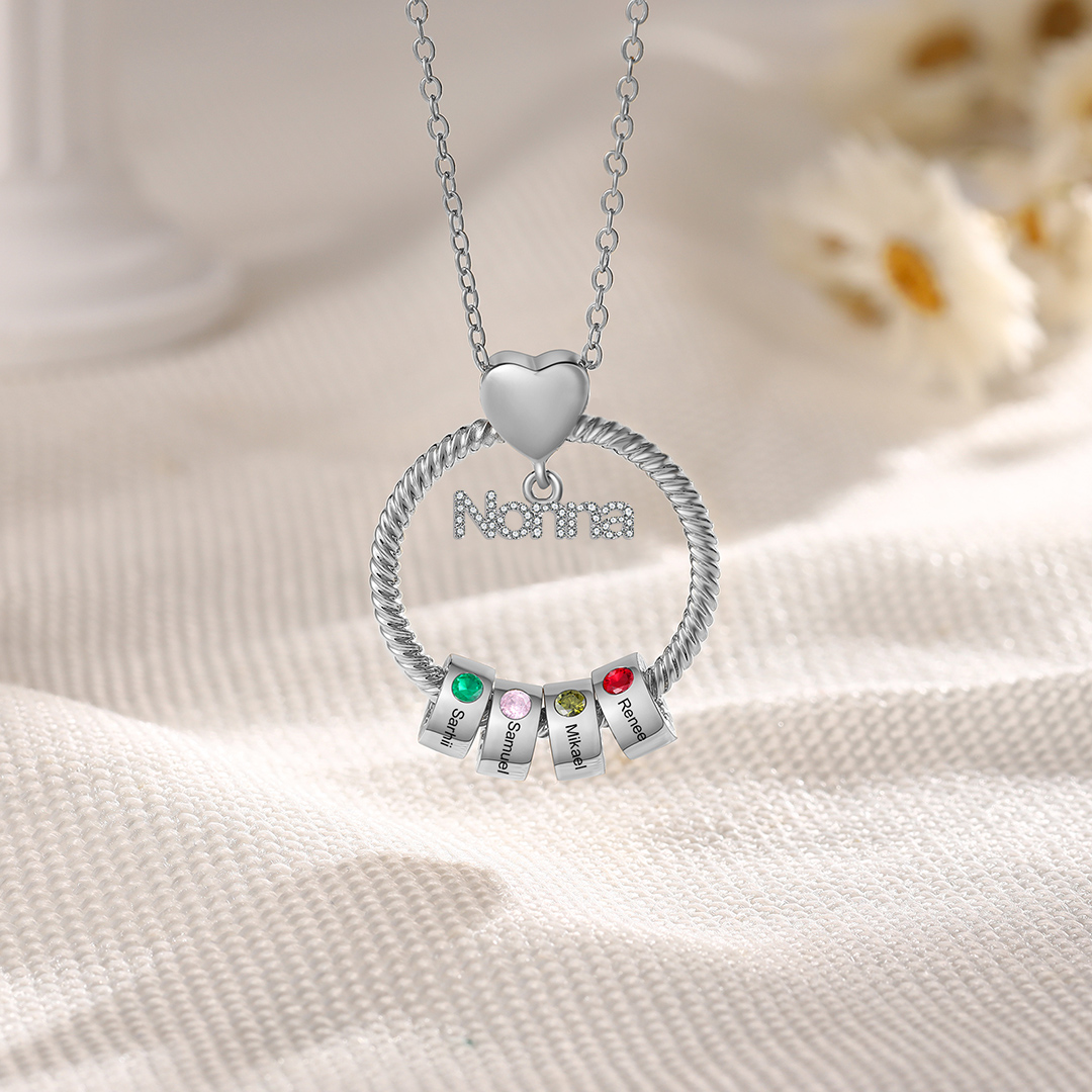 Collana con ciondolo nonna 4 nomi incisioni e pietre di nascita personalizzate