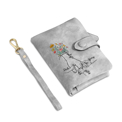 Portafoglio in PU pelle fiore mano con 4 nomi personalizzati per mamma/nonna