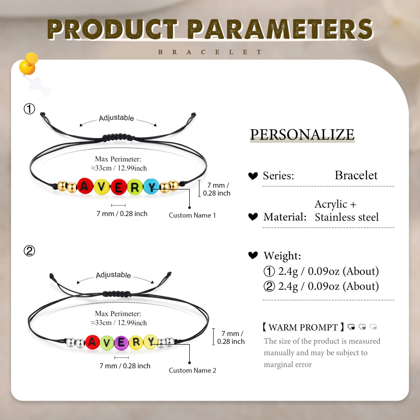 2PCS Braccialetto con perline di 2 nomi personalizzato regalo per scuola