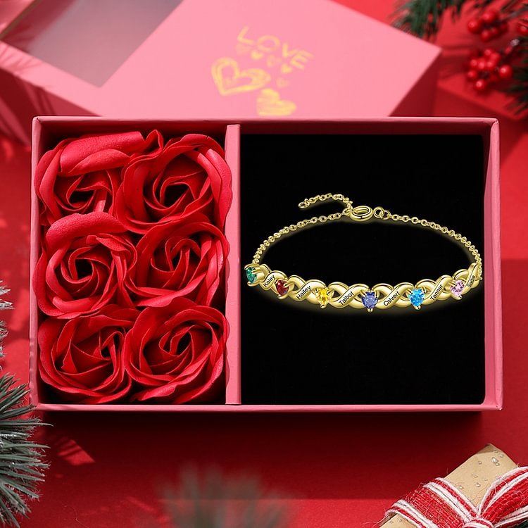 Festa della Mamma Braccialetto personalizzato con 6 nomi e 6 cuore pietre di nascita regalo per donna