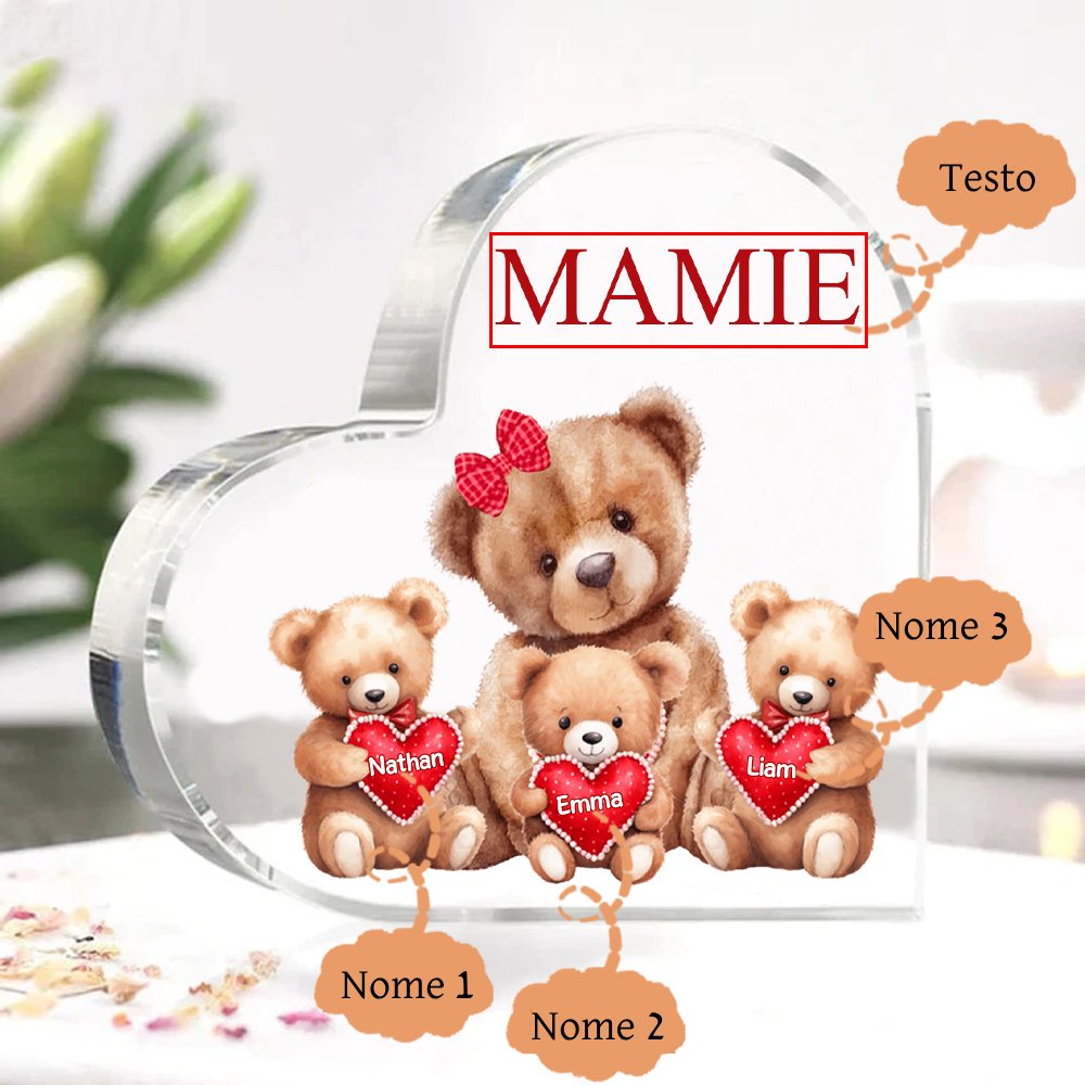 MAMMA Decorazione acrilica con 3 orsacchiotti a forma di cuore 3 nomi e 1 testo personalizzati per mamma/nonna