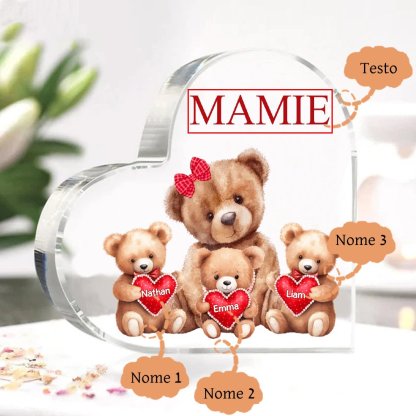 MAMMA Decorazione acrilica con 3 orsacchiotti a forma di cuore 3 nomi e 1 testo personalizzati per mamma/nonna