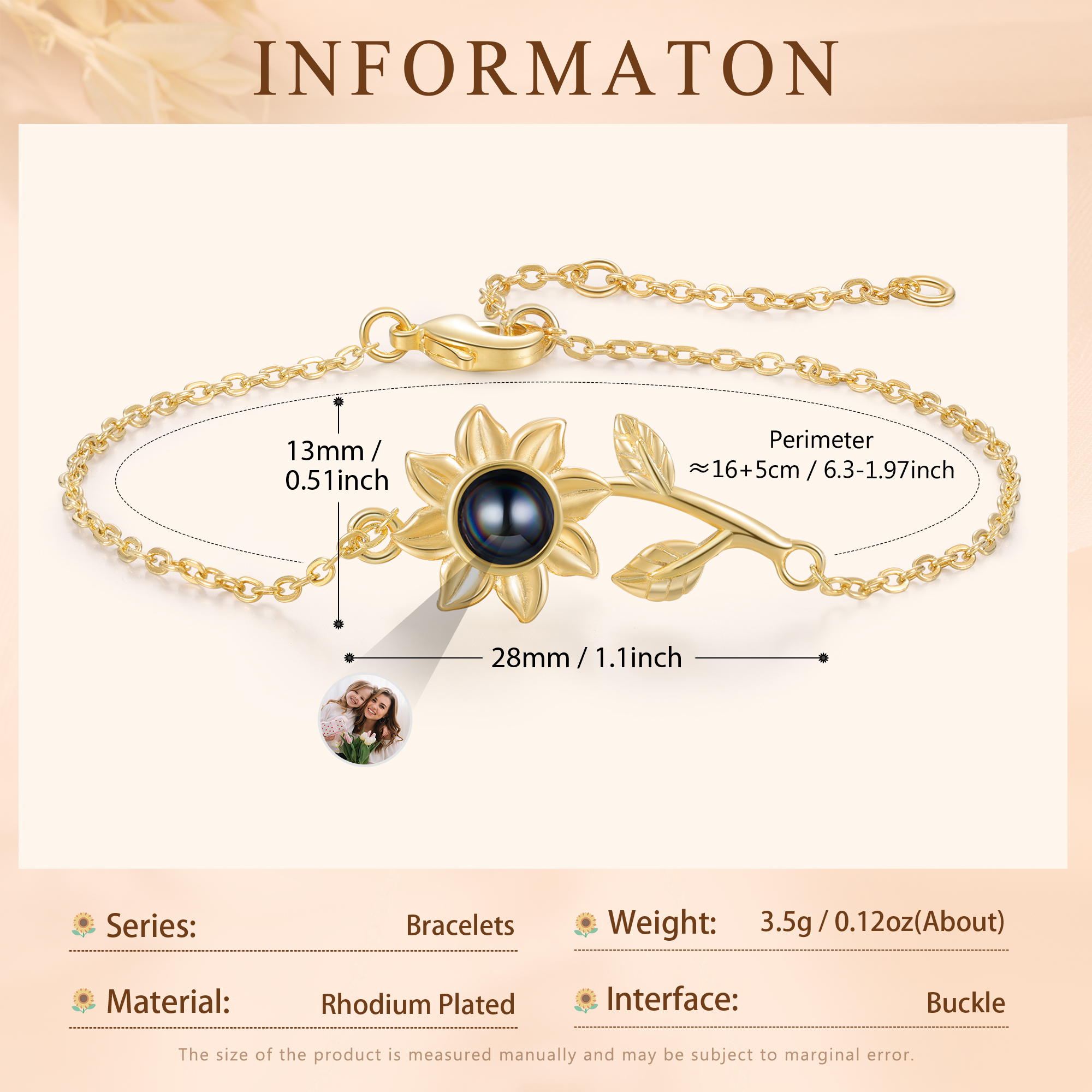 Braccialetto girasole con proiezione di foto personalizzata regalo per donna