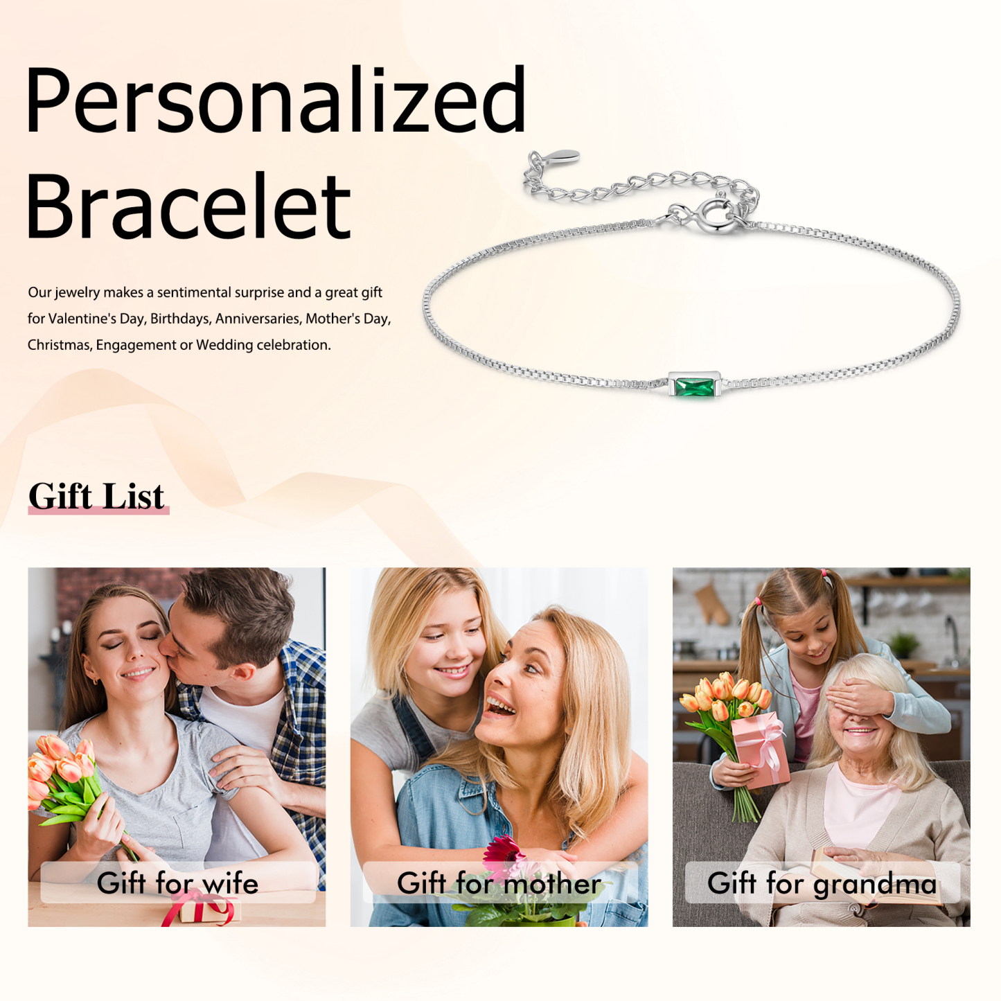 Braccialetto personalizzato con 1 pietra di nascita regalo per donna