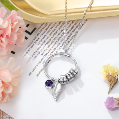 Collana con ciondolo foglia e cerchio 4 nomi e 4 pietre di nascita personalizzati regalo per donna