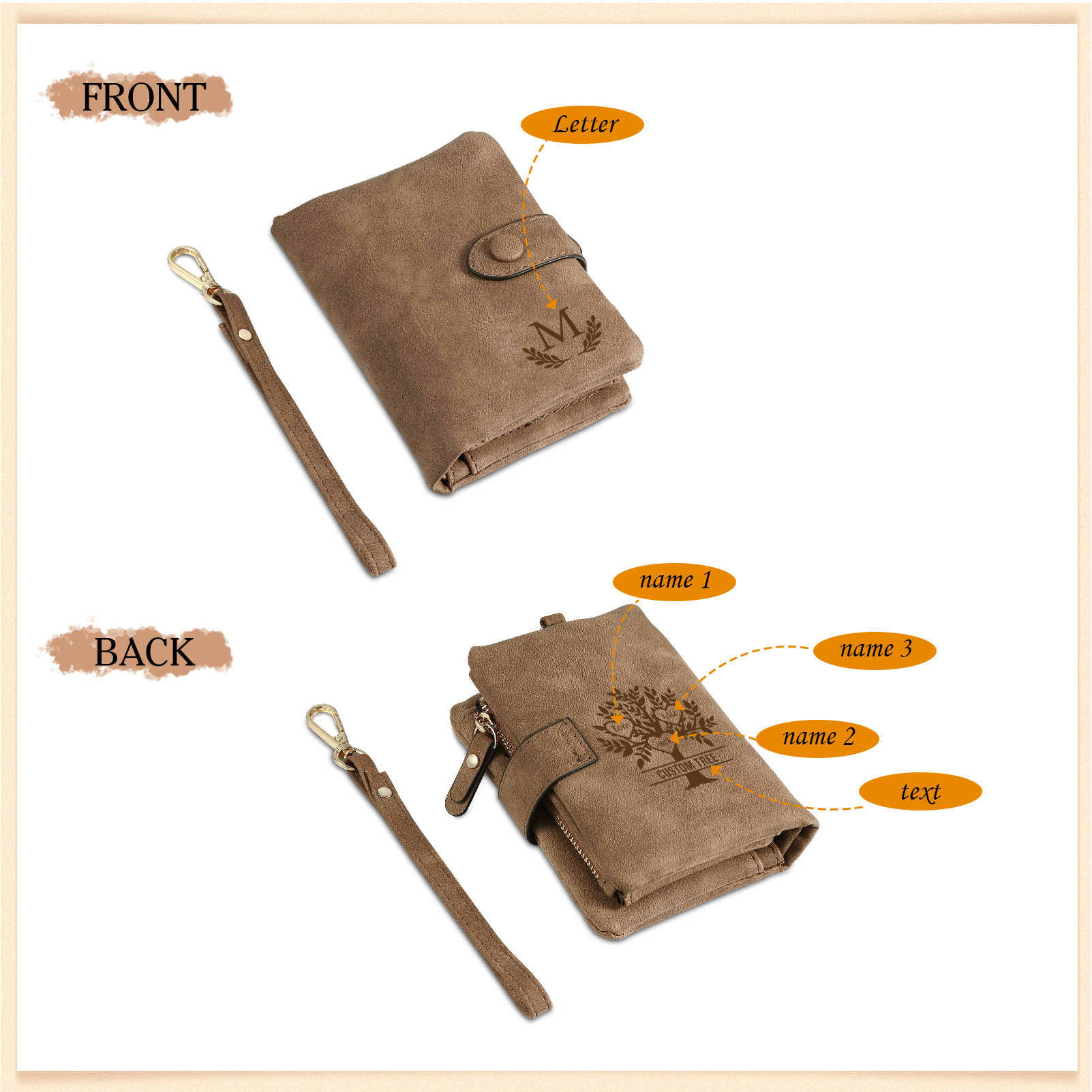 Portafoglio Albero della vita in PU pelle con 3 nomi & 1 testo & 1 lettera personalizzati per donna