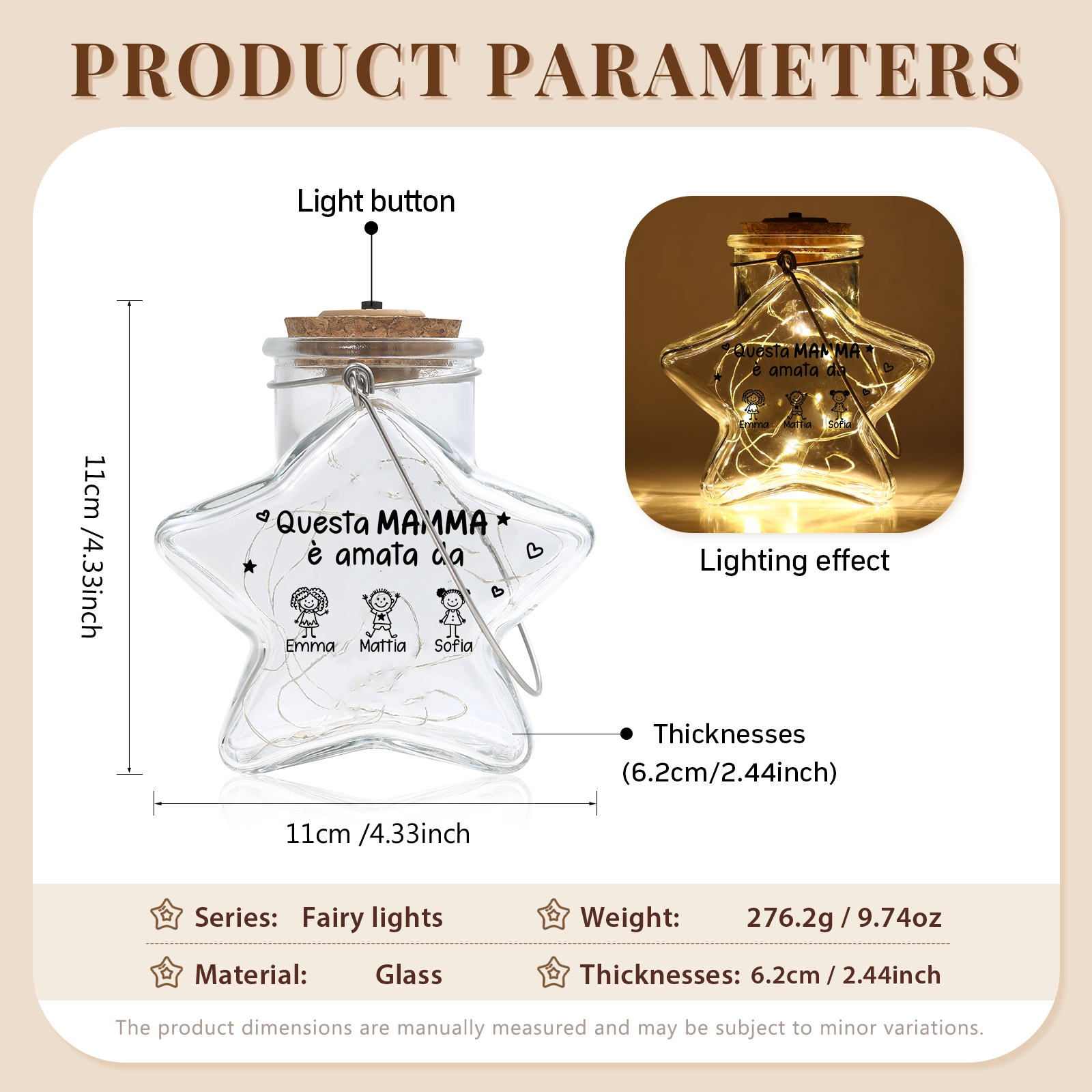 Bottiglia di vetro personalizzata a forma di stella con luci Questa mamma è amata da