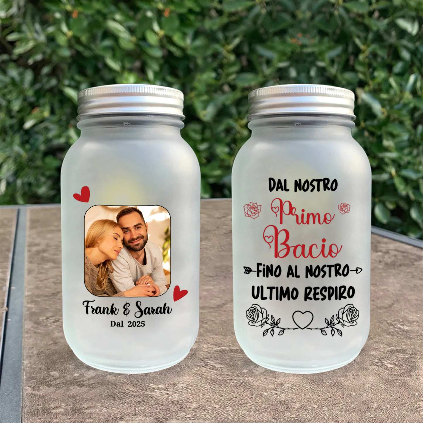 Bottiglia luminosa con foto di coppia personalizzata, barattolo Mason solare