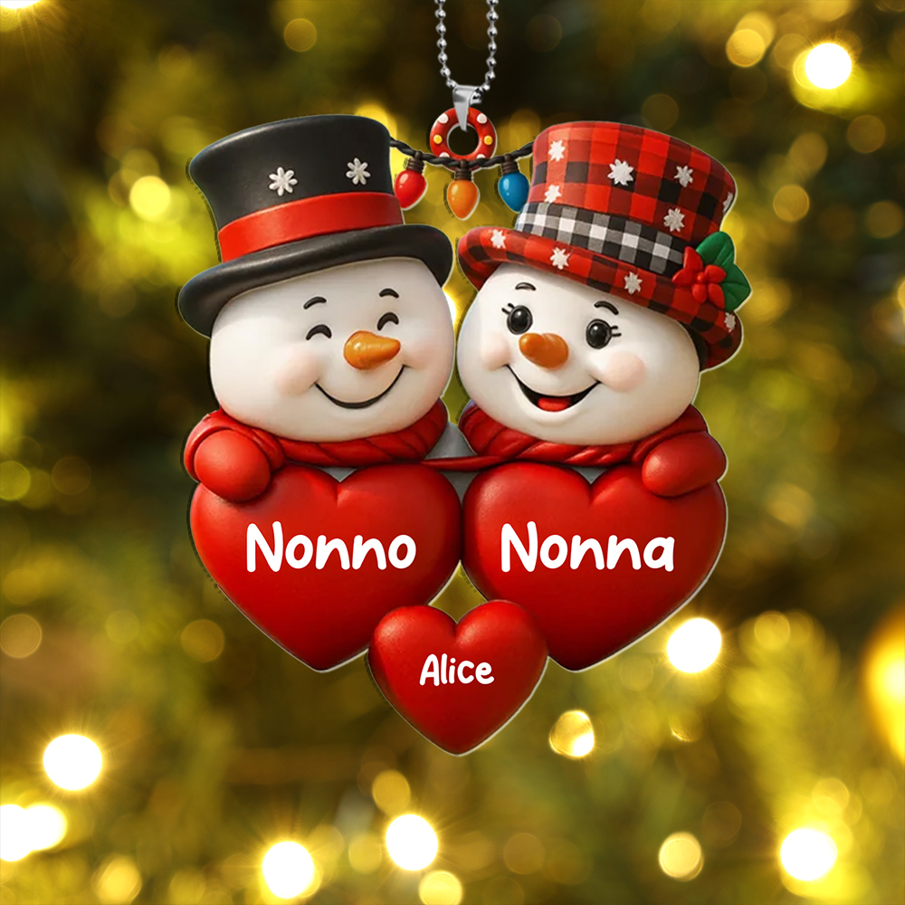 Decorazione per l'albero di Natale con pupazzi di neve personalizzata con i nomi della famiglia