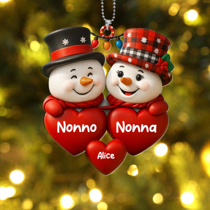 Decorazione per l'albero di Natale con pupazzi di neve personalizzata con i nomi della famiglia