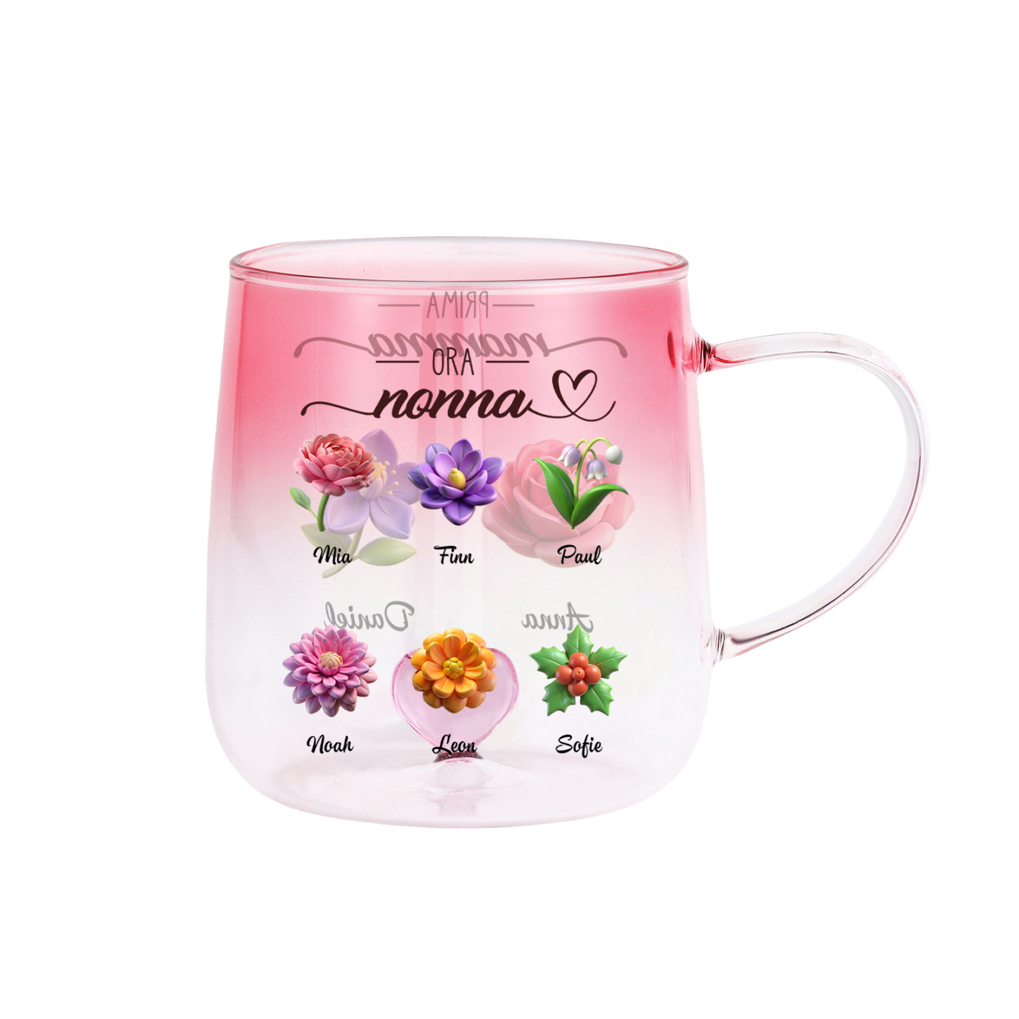 Tazza in vetro rosa sfumato, fiori e nomi personalizzati