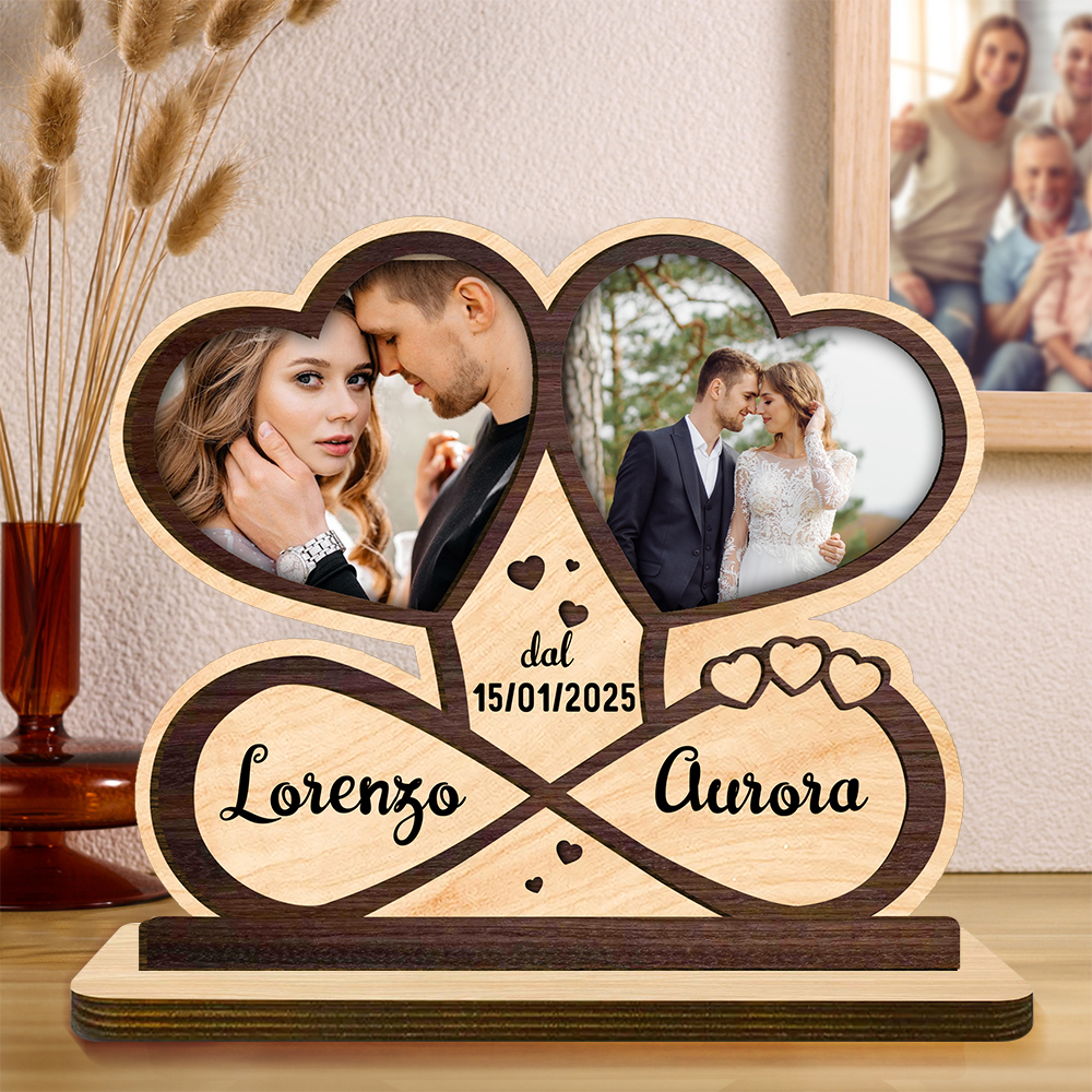Targa in legno a forma di cuore personalizzata, cornice foto cuore infinito decorativa, regalo personalizzato per compleanno, matrimonio, San Valentino, decorazione d’interni per coppie e innamorati | Jessemade